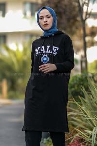 Modalamelif Kapüşonlu Yale Yazı Baskılı Yırtmaçlı Tunik Siyah