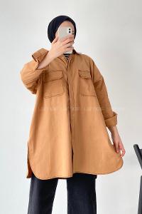 Modalamelif Önü Boydan Düğmeli Çift Kapak Cepli Dikiş Detaylı Gömlek Bej