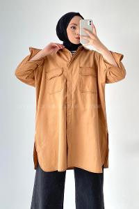 Modalamelif Önü Boydan Düğmeli Çift Kapak Cepli Dikiş Detaylı Gömlek Bej