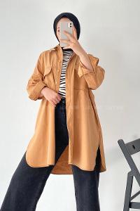 Modalamelif Önü Boydan Düğmeli Çift Kapak Cepli Dikiş Detaylı Gömlek Bej