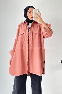 Modalamelif Önü Boydan Düğmeli Çift Kapak Cepli Dikiş Detaylı Gömlek Gül