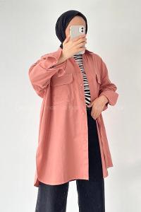 Modalamelif Önü Boydan Düğmeli Çift Kapak Cepli Dikiş Detaylı Gömlek Gül