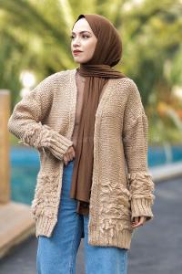 Modalamelif Saçaklı Kol Detaylı Triko Hırka Bej