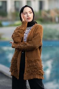 Modalamelif Saçaklı Kol Detaylı Triko Hırka Camel