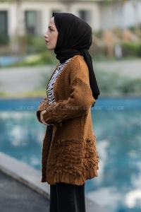 Modalamelif Saçaklı Kol Detaylı Triko Hırka Camel