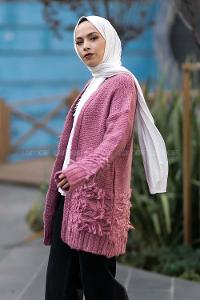 Modalamelif Saçaklı Kol Detaylı Triko Hırka Pembe