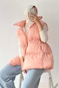 Modalamelif Yarım Balıkçı Yaka Çift Cepli Şişme Yelek Pudra