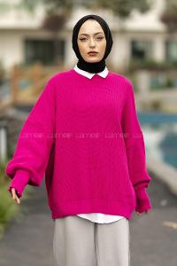 Modalamelif Balon Kol Düz Basic Kazak Fuşya