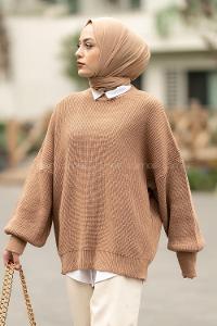 Modalamelif Balon Kol Düz Basic Kazak Karamel