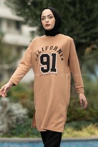Modalamelif Bisiklet Yaka California Yazı Baskılı Yırtmaçlı Tunik Sütlükahve