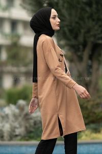 Modalamelif Bisiklet Yaka California Yazı Baskılı Yırtmaçlı Tunik Sütlükahve