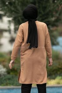 Modalamelif Bisiklet Yaka California Yazı Baskılı Yırtmaçlı Tunik Sütlükahve