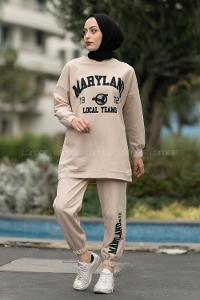 Modalamelif Bisiklet Yaka Maryland Yazı Baskılı Detaylı Takım Krem
