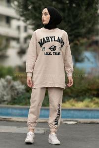 Modalamelif Bisiklet Yaka Maryland Yazı Baskılı Detaylı Takım Krem