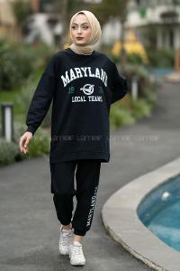 if Bisiklet Yaka Maryland Yazı Baskılı Detaylı Takım Siyah