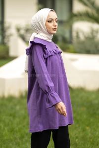 Modalamelif Bisiklet Yaka Önü Fırfır Detaylı Fitlli Tunik Mor