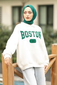 Modalamelif Boston Yazı Baskılı Polo Yaka Sweat Beyaz