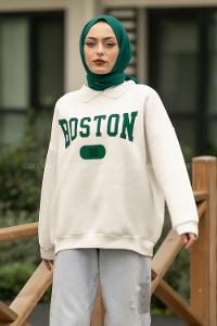Modalamelif Boston Yazı Baskılı Polo Yaka Sweat Beyaz