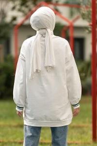 Modalamelif Calıfornia Yazı Baskılı Şerit Desenli Sweat Beyaz-Yeşil