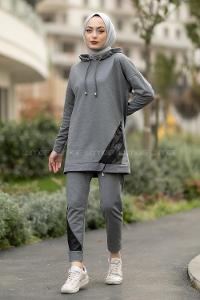 Modalamelif Kapüşonlu Etek Ucu Fosfor Detaylı Takım Gri