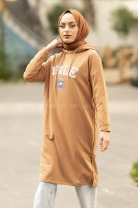 Modalamelif Kapüşonlu Yale Yazı Baskılı Yırtmaçlı Tunik Sütlü Kahve