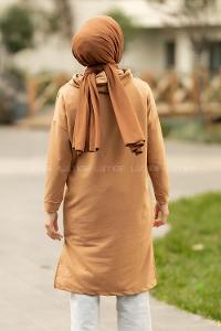 Modalamelif Kapüşonlu Yale Yazı Baskılı Yırtmaçlı Tunik Sütlü Kahve