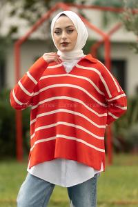 Modalamelif Polo Yaka Yırtmaç Detaylı Çizgi Desenli Kazak Kırmızı