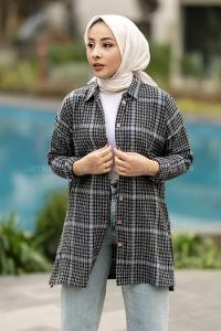 Modalamelif Pötikare Desenli Gömlek Tunik Antrasit-Mavi