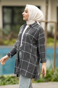 Modalamelif Pötikare Desenli Gömlek Tunik Antrasit-Mavi