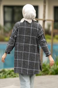 Modalamelif Pötikare Desenli Gömlek Tunik Antrasit-Mavi