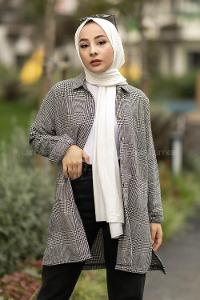Modalamelif Pötikare Desenli Gömlek Tunik Siyah-Ekru