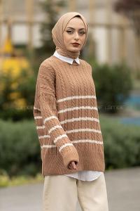 Modalamelif Saç Örgülü Çizgi Desenli Kazak Camel