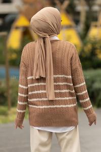Modalamelif Saç Örgülü Çizgi Desenli Kazak Camel