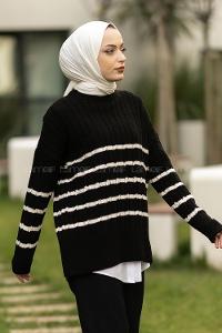 Modalamelif Saç Örgülü Çizgi Desenli Kazak Siyah