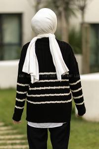 Modalamelif Saç Örgülü Çizgi Desenli Kazak Siyah