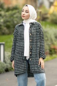 Modalamelif Yazı Baskılı Kare Desenli Gömlek Tunik Çağlayeşili