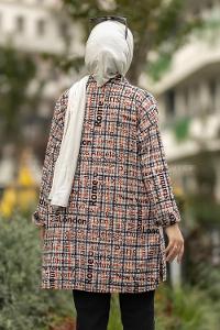 Modalamelif Yazı Baskılı Kare Desenli Gömlek Tunik Oranj