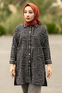 Modalamelif Yazı Baskılı Kare Desenli Gömlek Tunik Siyah