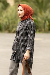 Modalamelif Yazı Baskılı Kare Desenli Gömlek Tunik Siyah