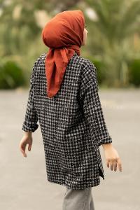 Modalamelif Yazı Baskılı Kare Desenli Gömlek Tunik Siyah