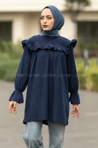 Modalamelif Bisiklet Yaka Önü Fırfır Detaylı Fitlli Tunik Lacivert