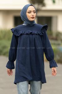 Modalamelif Bisiklet Yaka Önü Fırfır Detaylı Fitlli Tunik Lacivert