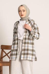 Modalamelif Çift Cepli Ekose Desen Oduncu Gömlek Haki-Mavi