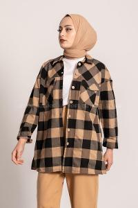 Modalamelif Ekose Desenli Çift Cepli Oduncu Gömlek Camel