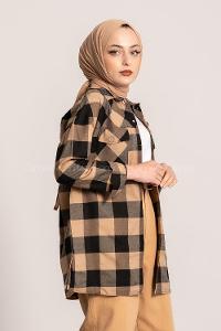 Modalamelif Ekose Desenli Çift Cepli Oduncu Gömlek Camel