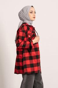 Modalamelif Ekose Desenli Çift Cepli Oduncu Gömlek Kırmızı-Siyah