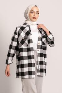 Modalamelif Ekose Desenli Çift Cepli Oduncu Gömlek Siyah-Ekru