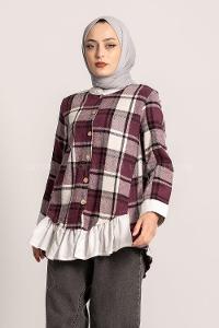 Modalamelif Ekose Desenli Hakim Yaka Fırfırlı Gömlek Mor