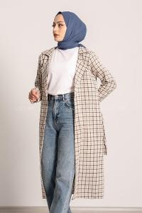 Modalamelif Ekose Desenli Kışak Bağlamalı Cep Detaylı Hırka Haki-Bej