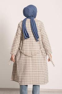 Modalamelif Ekose Desenli Kışak Bağlamalı Cep Detaylı Hırka Haki-Bej